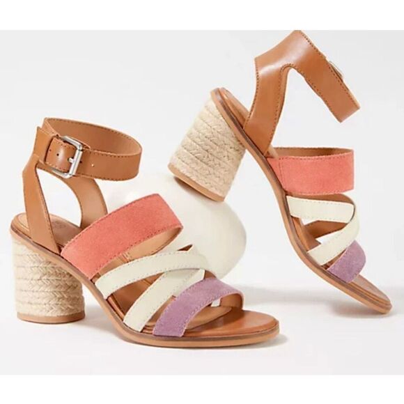 FRYE Adjustable Ankle Strap Heeled Sandals Leiah Brown Peach 9 Open Toe Leather - Picture 1 of 13